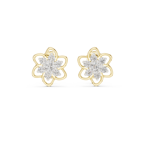 Front view of Blossom Spark diamond floral stud earrings in yellow gold.