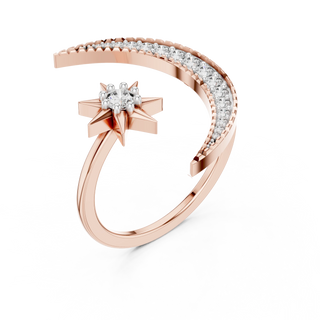 round diamond crescent and star bypass ring in rose gold
