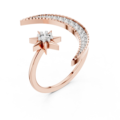round diamond crescent and star bypass ring in rose gold
