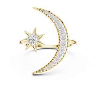 round diamond crescent and star bypass ring in yellow gold
