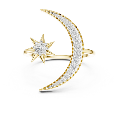 round diamond crescent and star bypass ring in yellow gold
