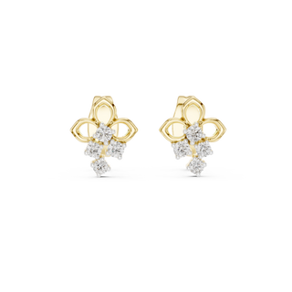 Front view of Floral diamond stud earrings in yellow gold with round lab grown diamonds.