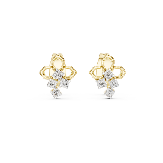 Front view of Floral diamond stud earrings in yellow gold with round lab grown diamonds.