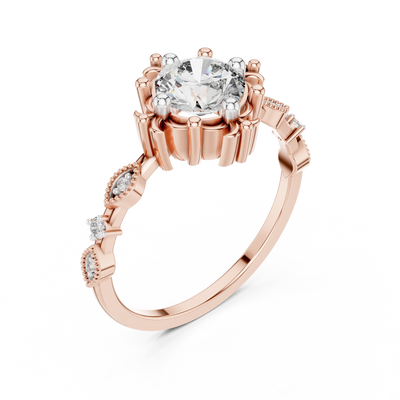 round diamond floral side-stone ring in rose gold
