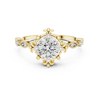 round diamond floral side-stone ring in yellow gold
