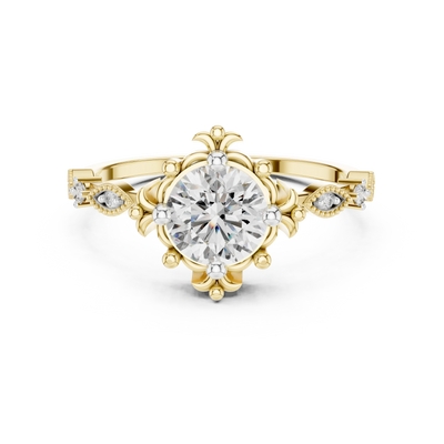 round diamond floral side-stone ring in yellow gold
