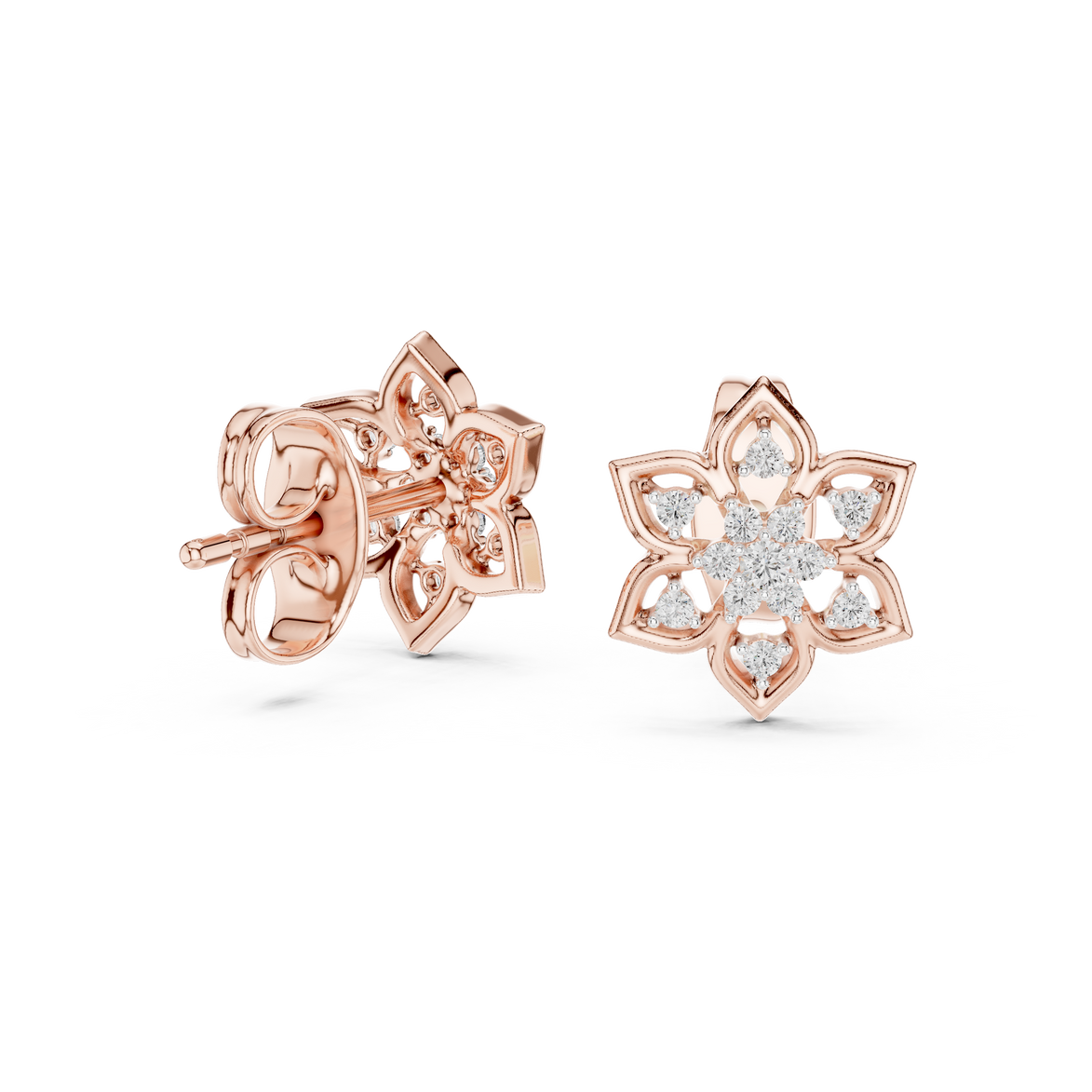 Snowflake diamond stud earrings in gold with round lab grown diamonds