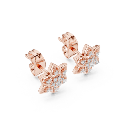 Side profile of rose gold snowflake-inspired floral diamond studs.