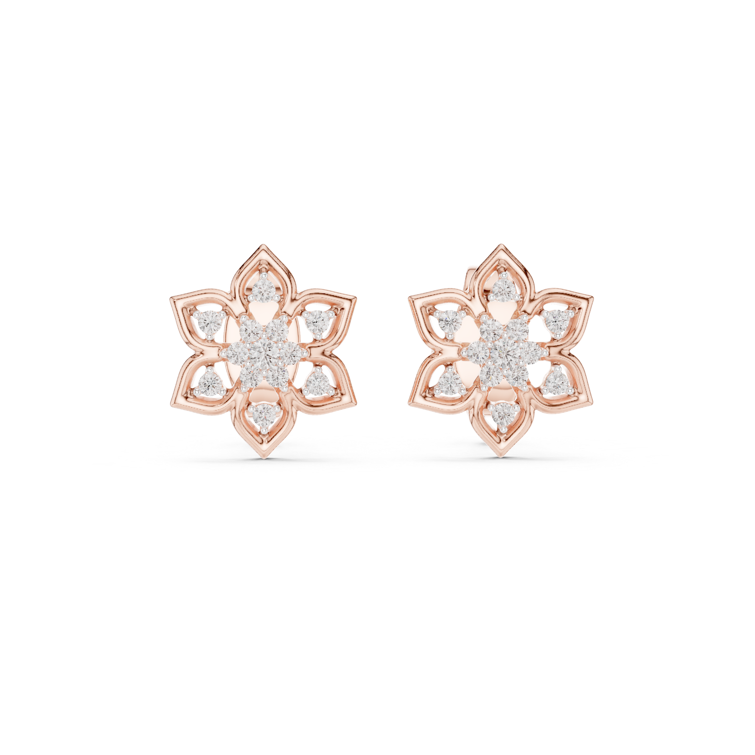 Snowflake diamond stud earrings in gold with round lab grown diamonds