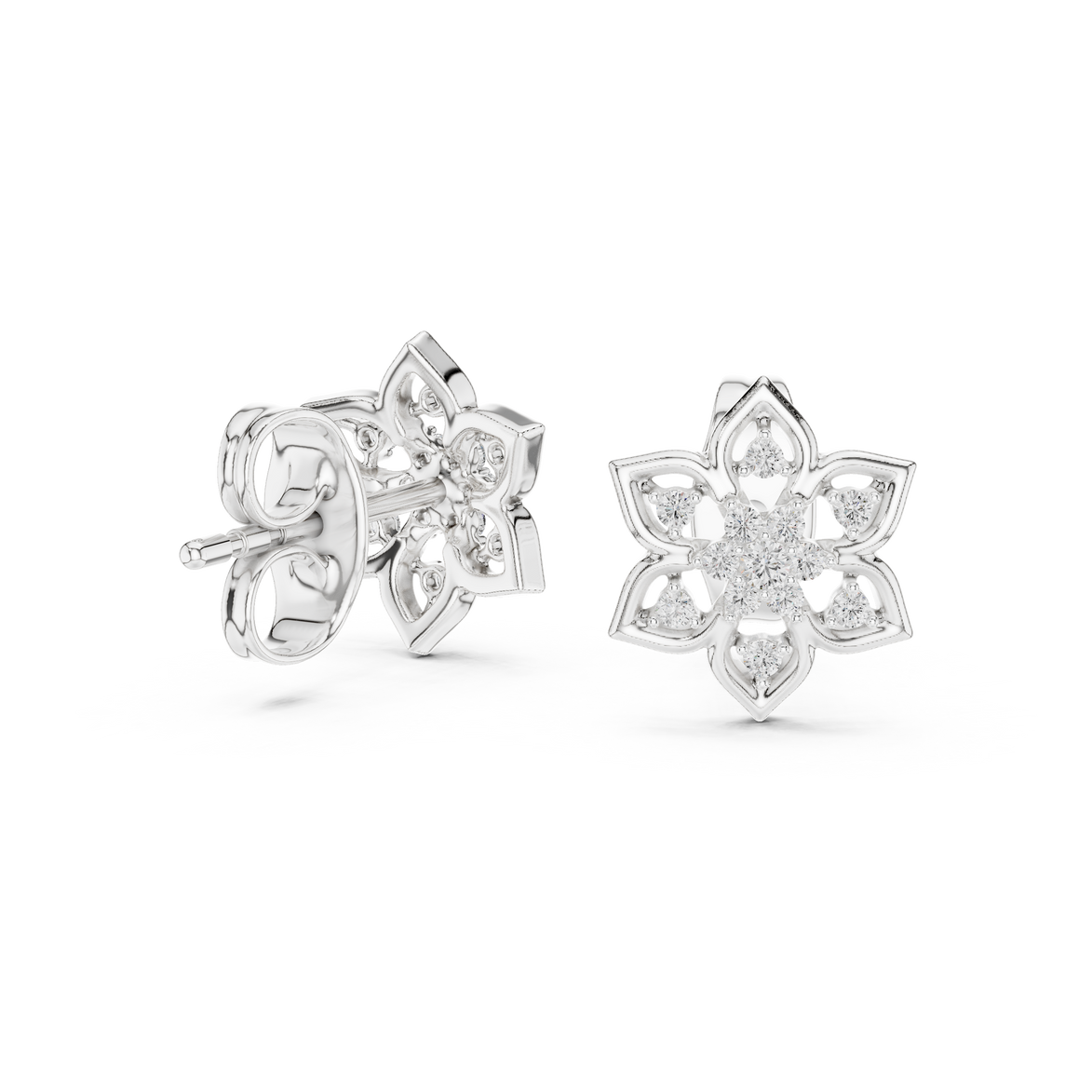 Snowflake diamond stud earrings in gold with round lab grown diamonds