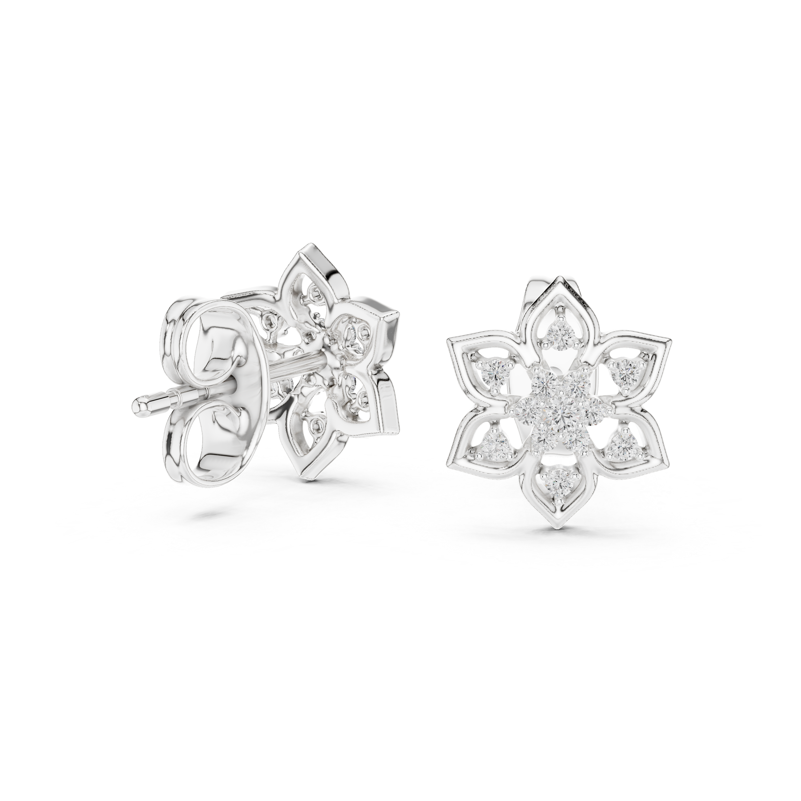 Snowflake diamond stud earrings in gold with round lab grown diamonds