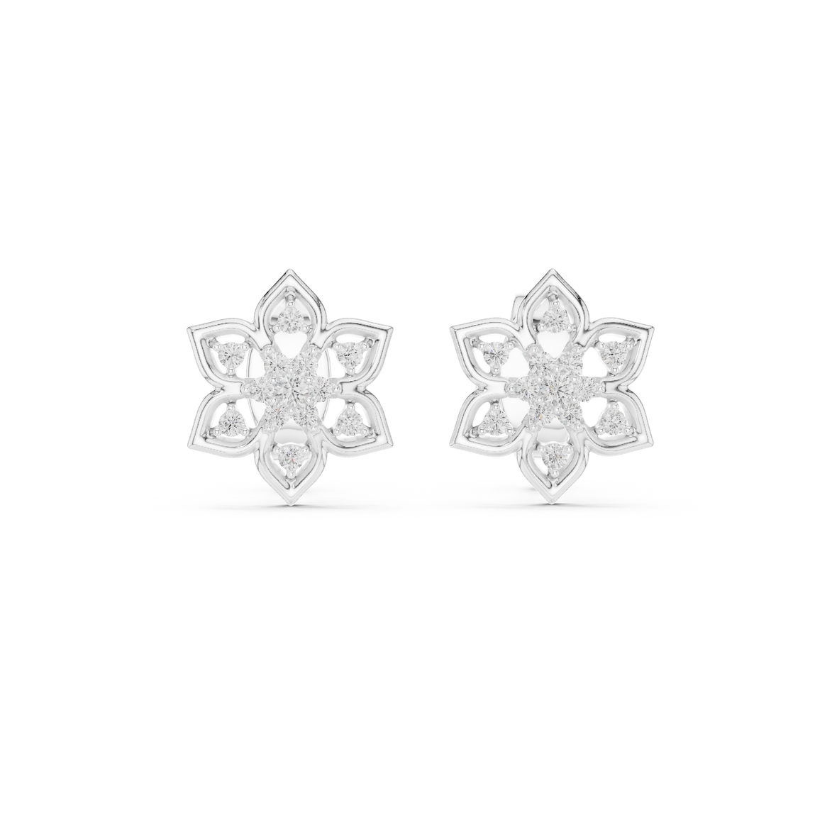 Snowflake diamond stud earrings in gold with round lab grown diamonds