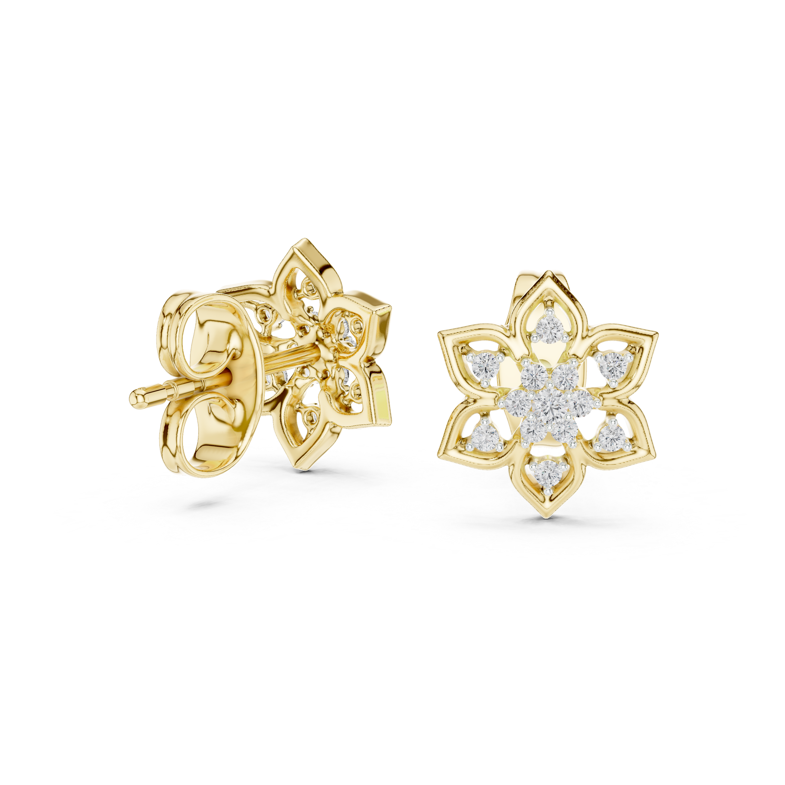 Snowflake diamond stud earrings in gold with round lab grown diamonds