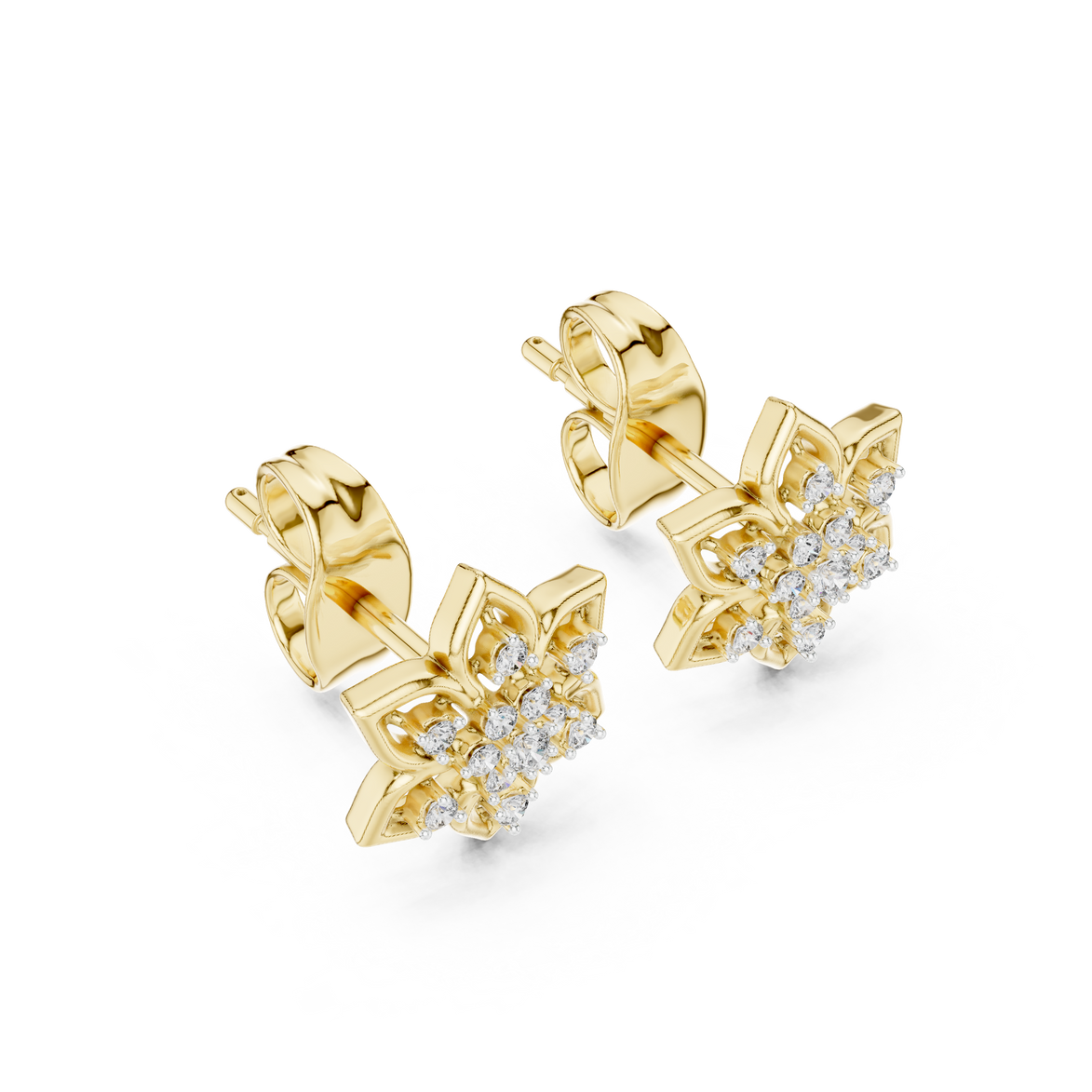 Snowflake diamond stud earrings in gold with round lab grown diamonds