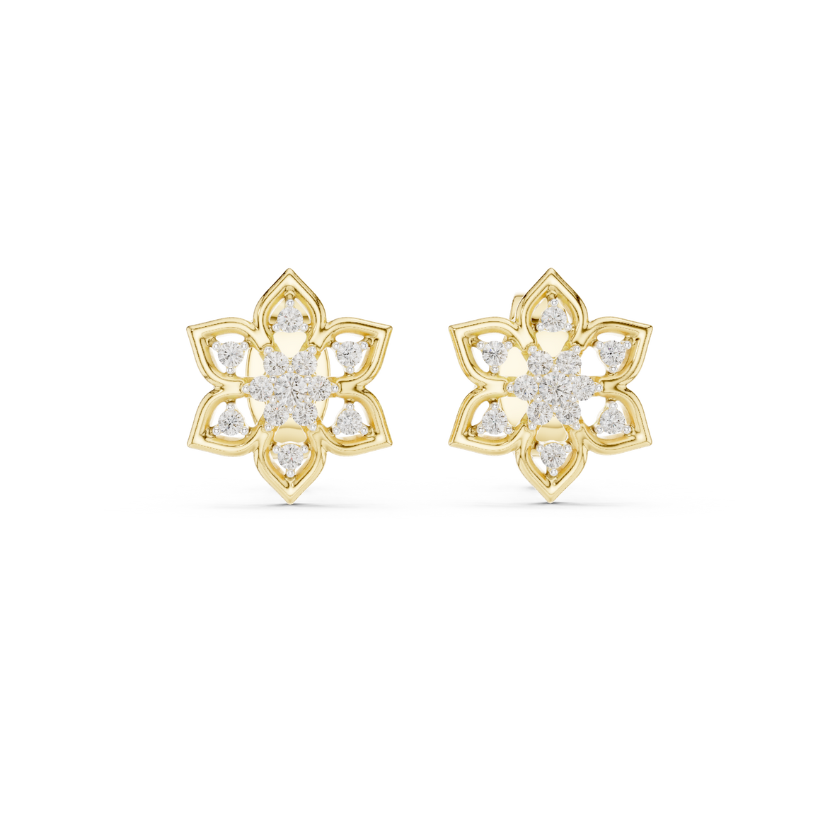 Snowflake diamond stud earrings in gold with round lab grown diamonds
