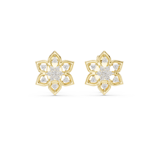 Front view of Blooming Snowflake diamond stud earrings in yellow gold.