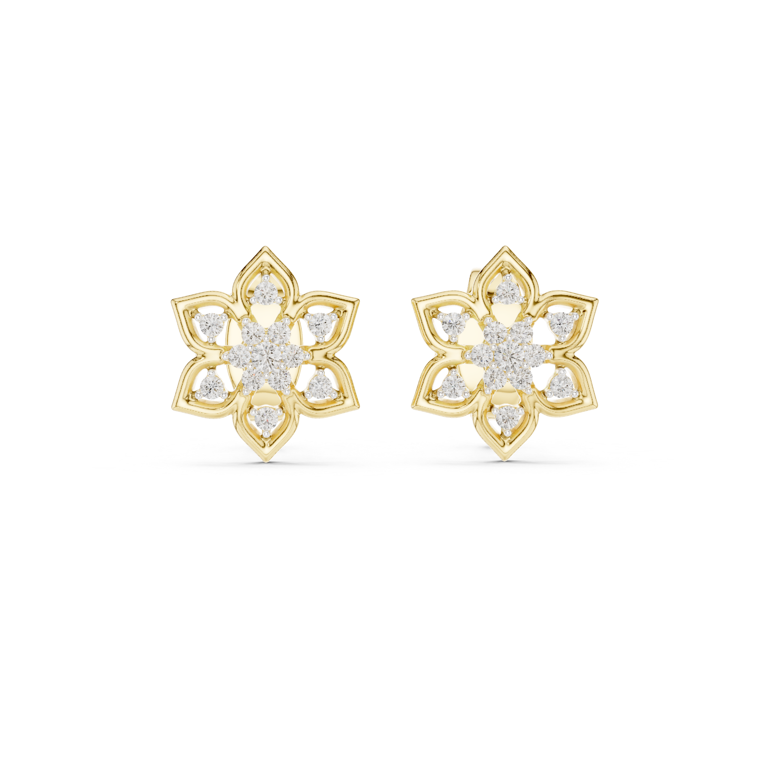 Snowflake diamond stud earrings in gold with round lab grown diamonds