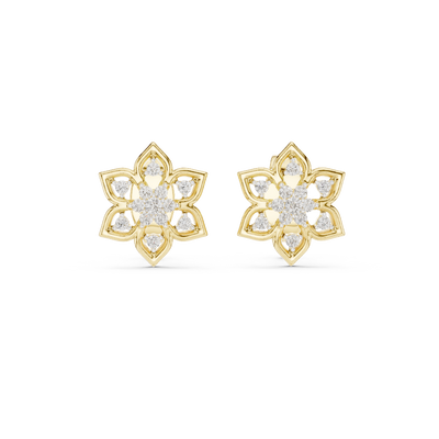 Front view of Blooming Snowflake diamond stud earrings in yellow gold.