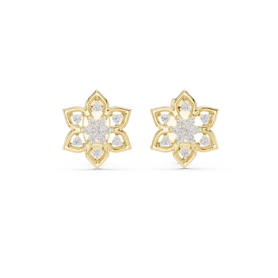 Front view of Blooming Snowflake diamond stud earrings in yellow gold.