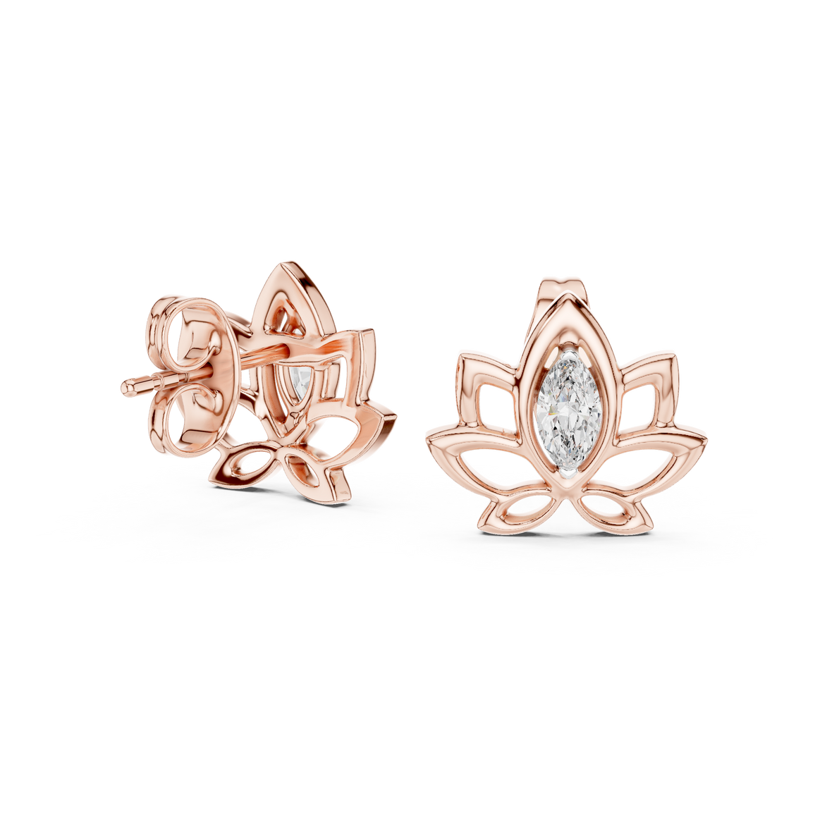 Lotus pink stone stud earrings in gold with marquise cut center stone