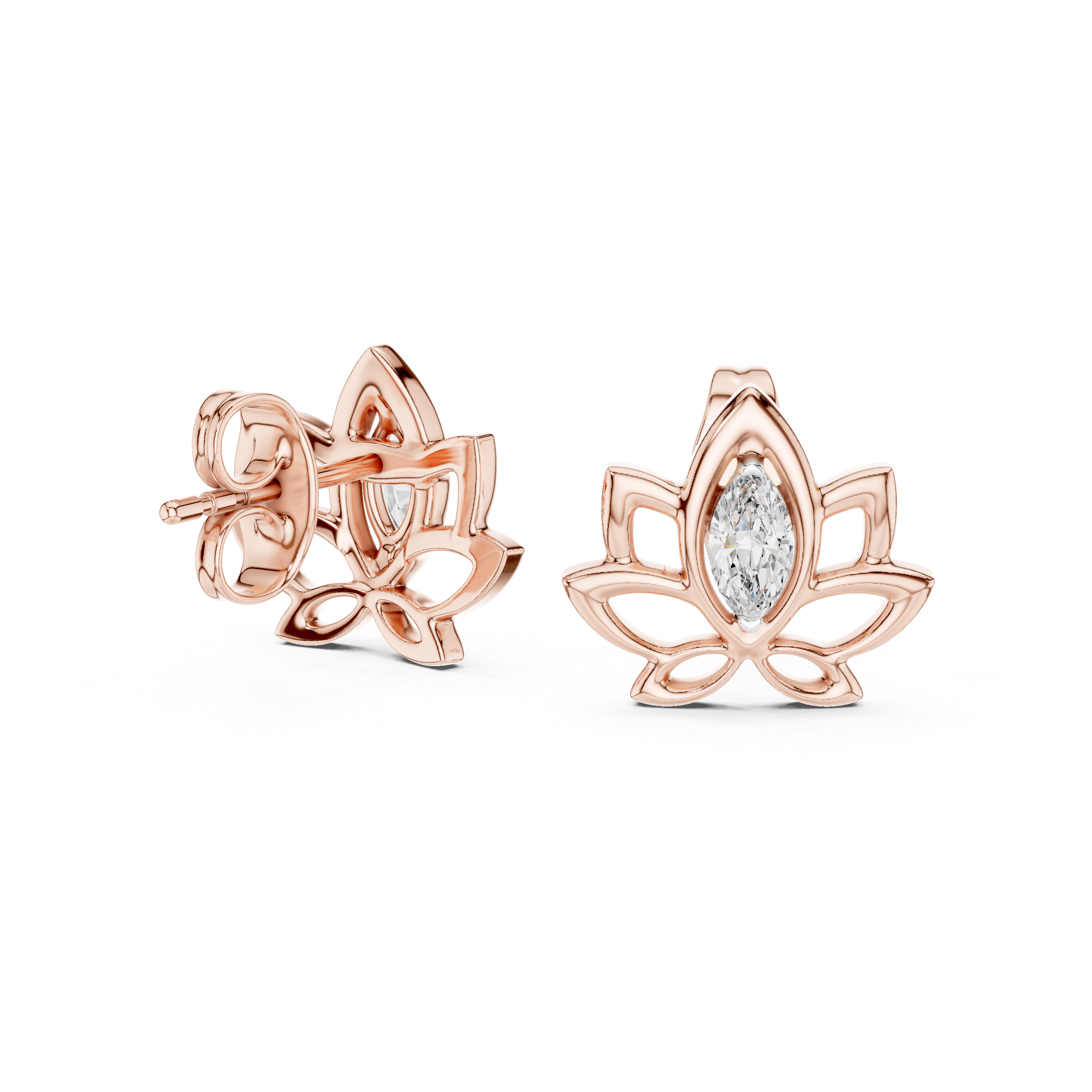 Lotus pink stone stud earrings in gold with marquise cut center stone