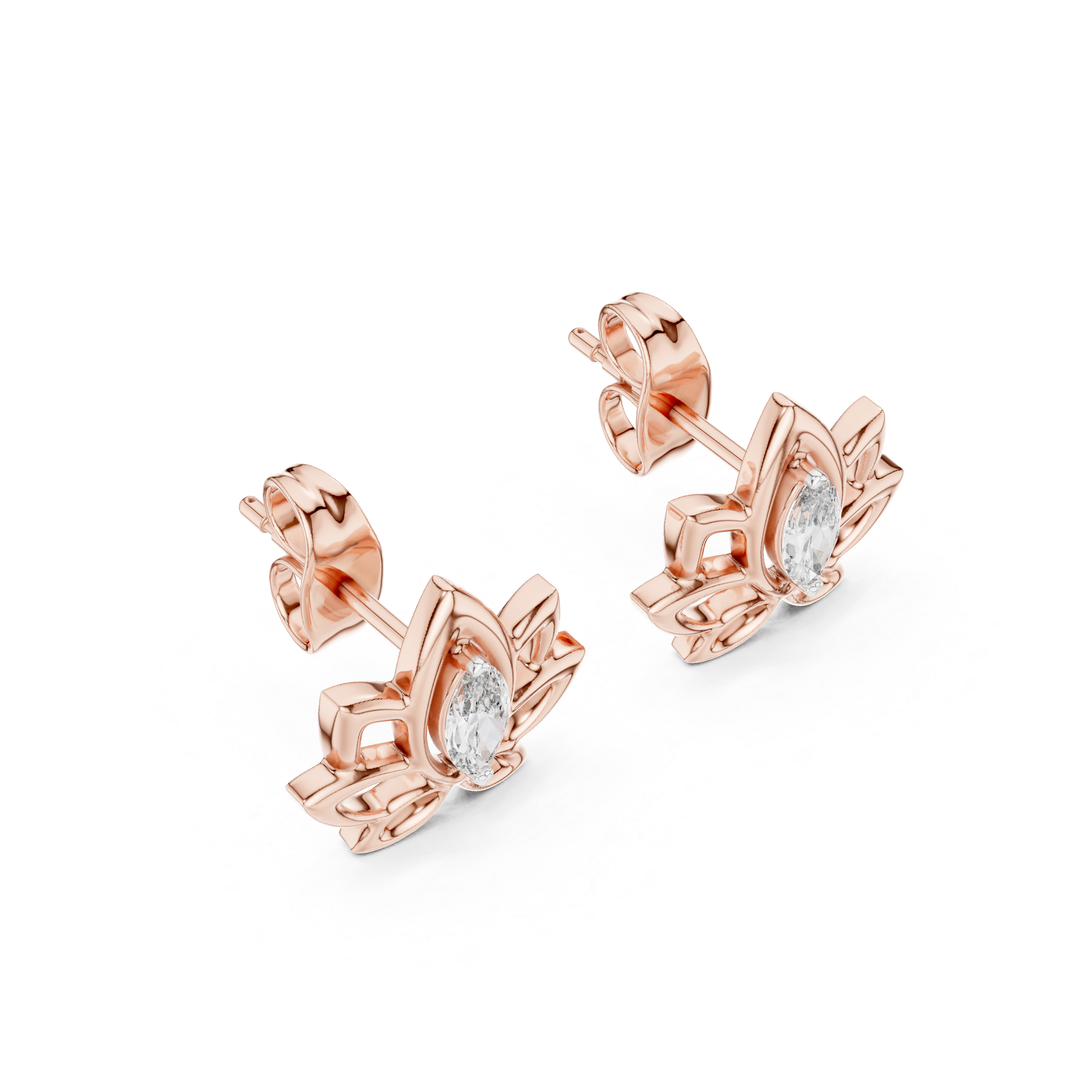 Lotus pink stone stud earrings in gold with marquise cut center stone