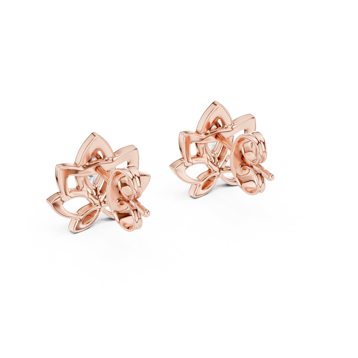 Lotus pink stone stud earrings in gold with marquise cut center stone