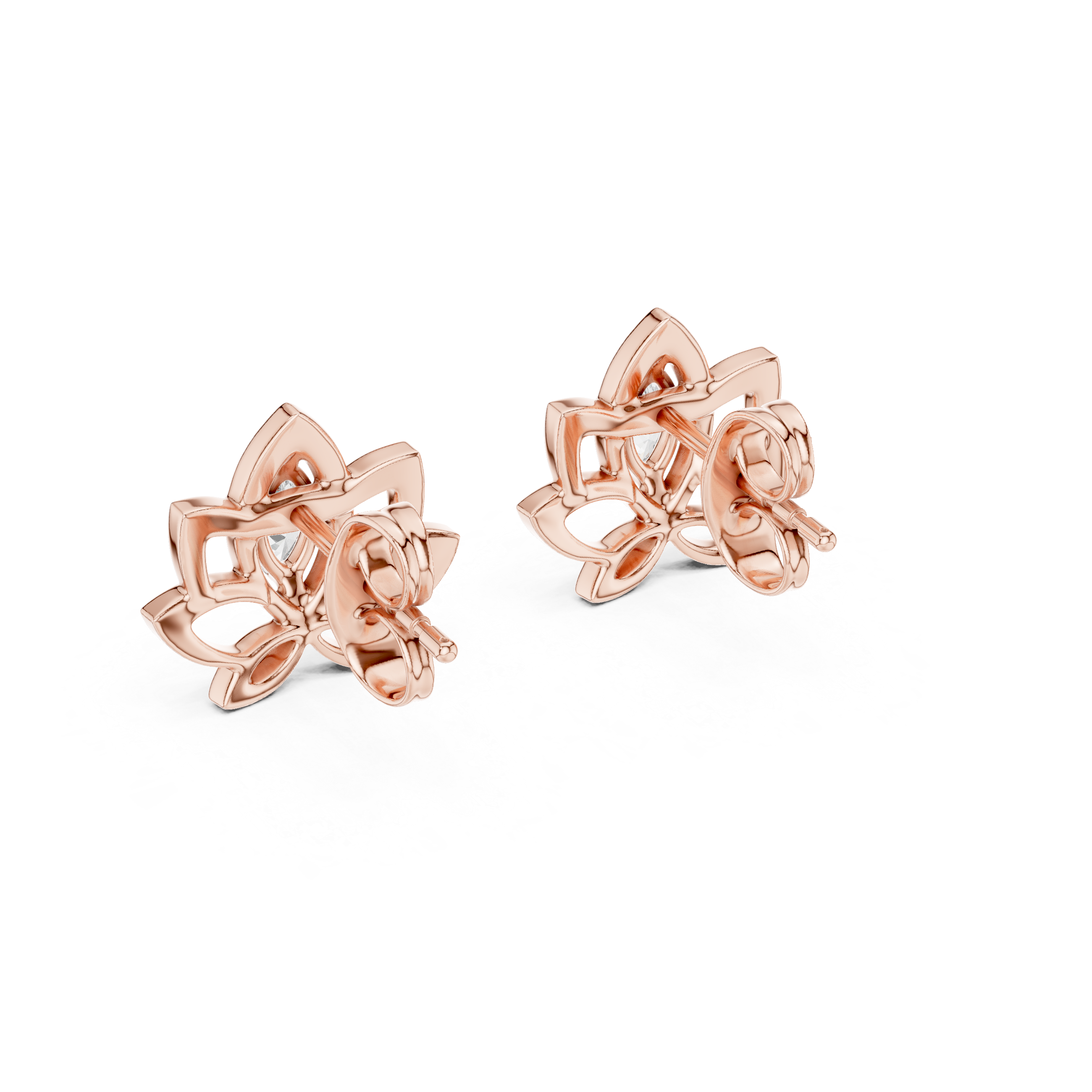 Lotus pink stone stud earrings in gold with marquise cut center stone