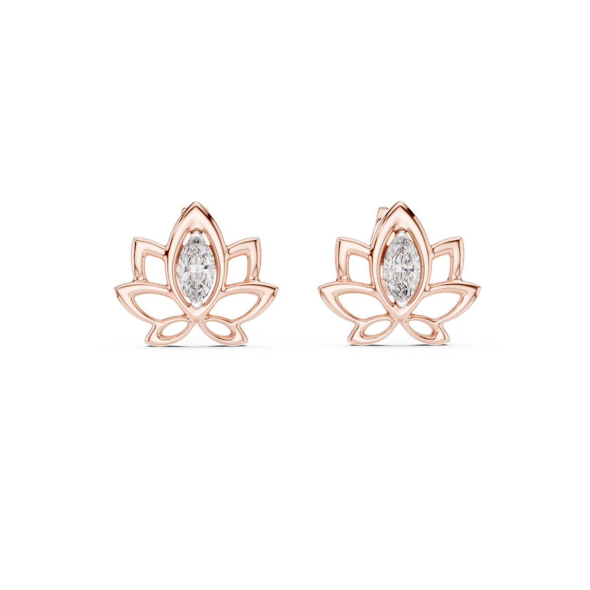 Lotus pink stone stud earrings in gold with marquise cut center stone