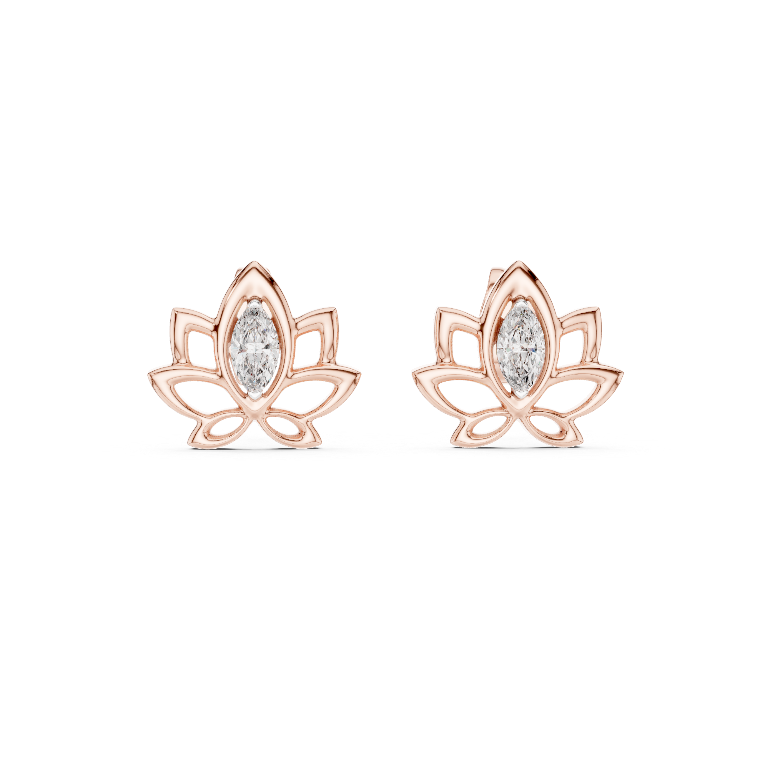 Lotus pink stone stud earrings in gold with marquise cut center stone