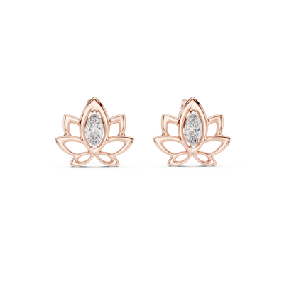 Lotus pink stone stud earrings in gold with marquise cut center stone