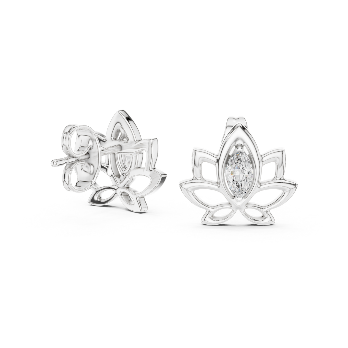 Lotus pink stone stud earrings in gold with marquise cut center stone
