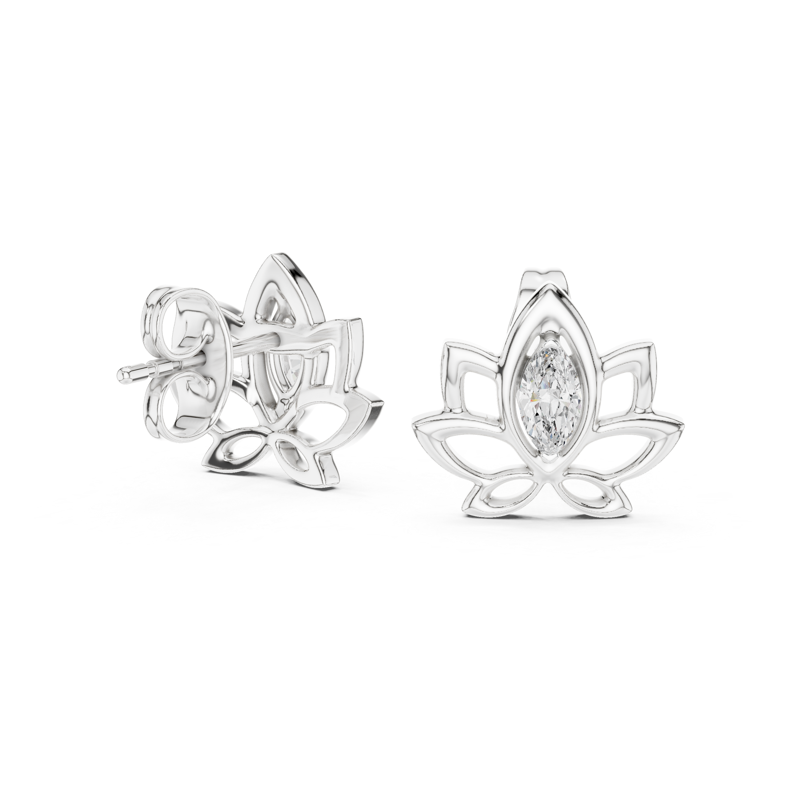 Lotus pink stone stud earrings in gold with marquise cut center stone