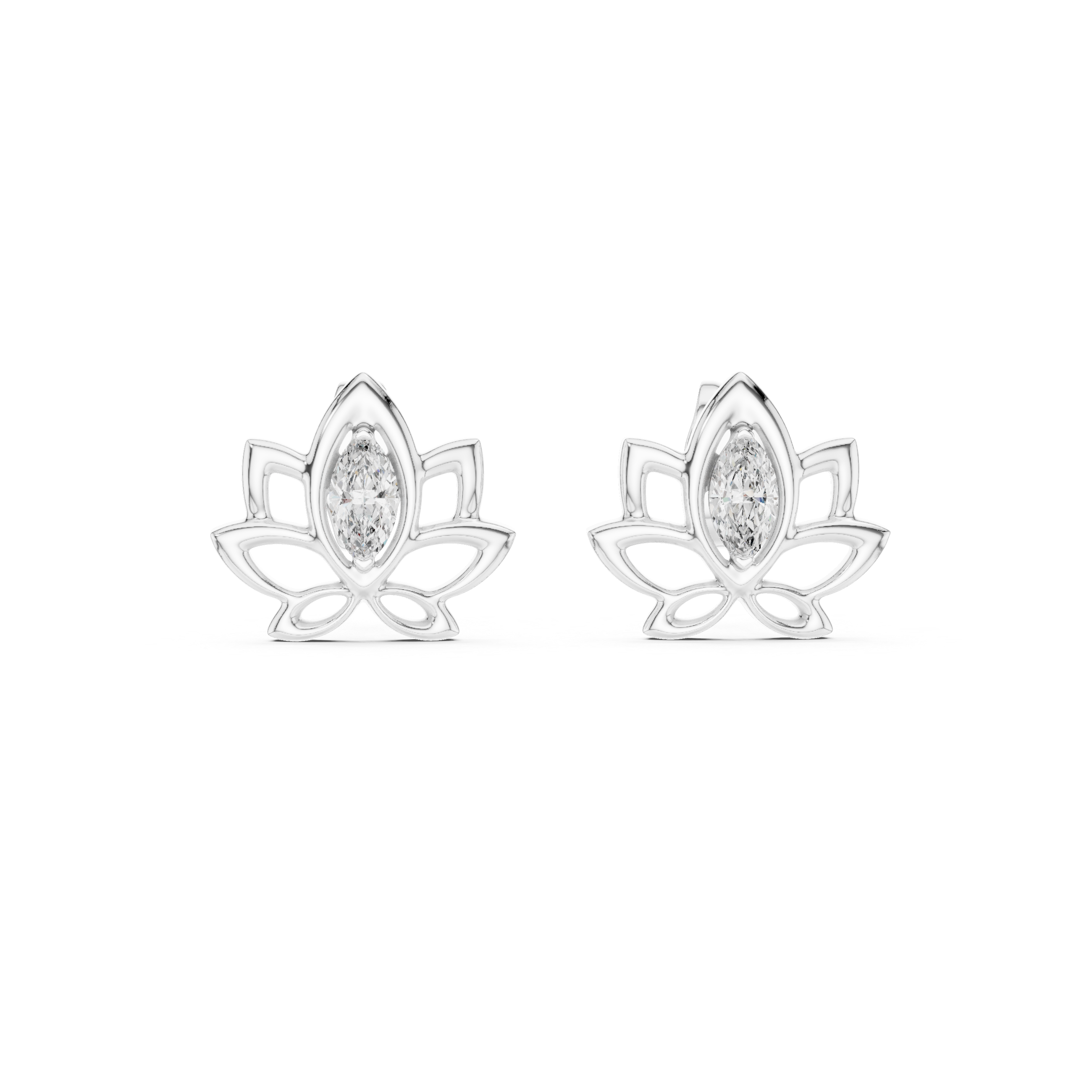 Lotus pink stone stud earrings in gold with marquise cut center stone
