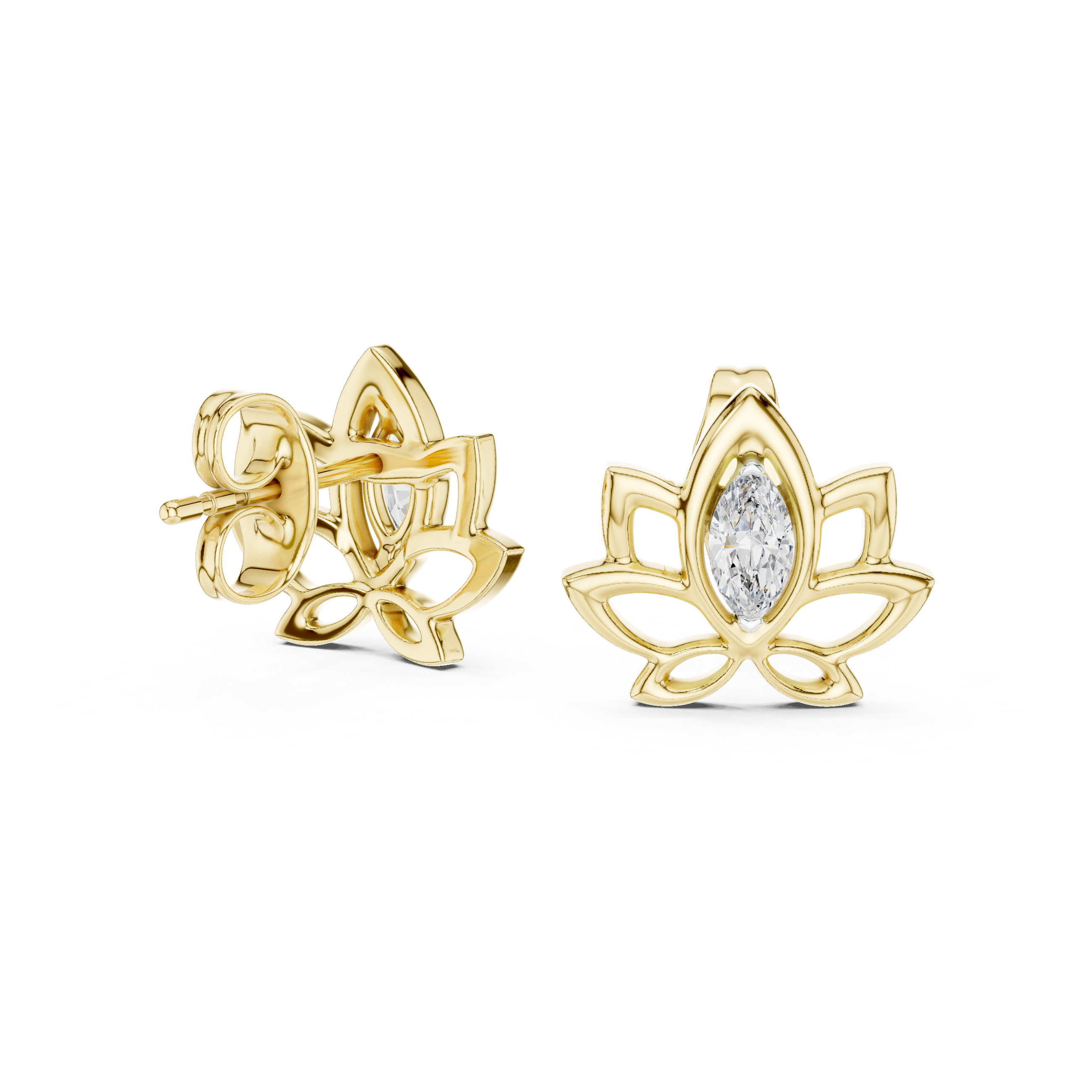 Lotus pink stone stud earrings in gold with marquise cut center stone