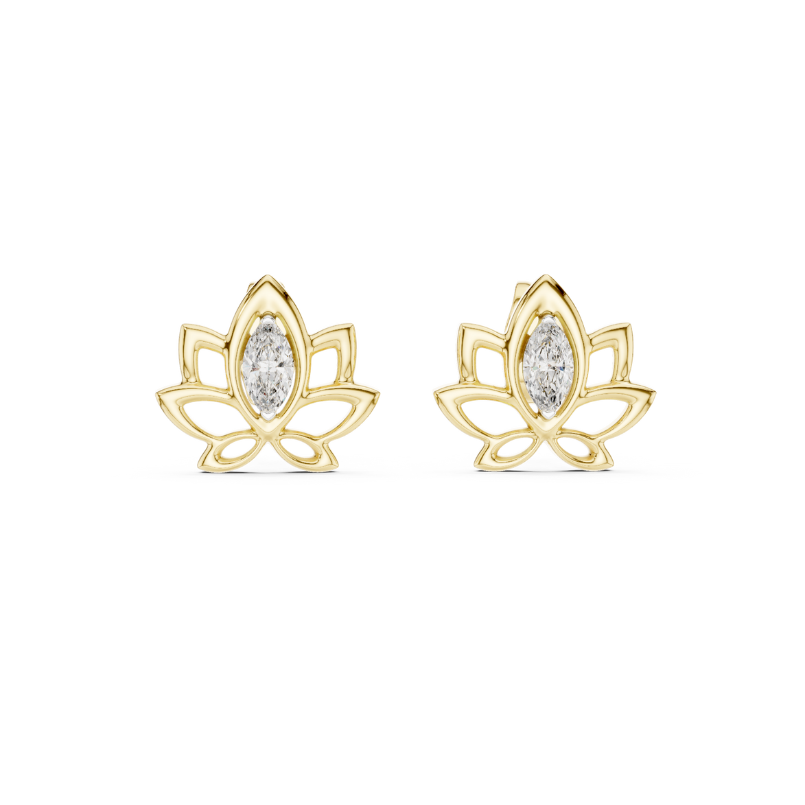 Lotus pink stone stud earrings in gold with marquise cut center stone