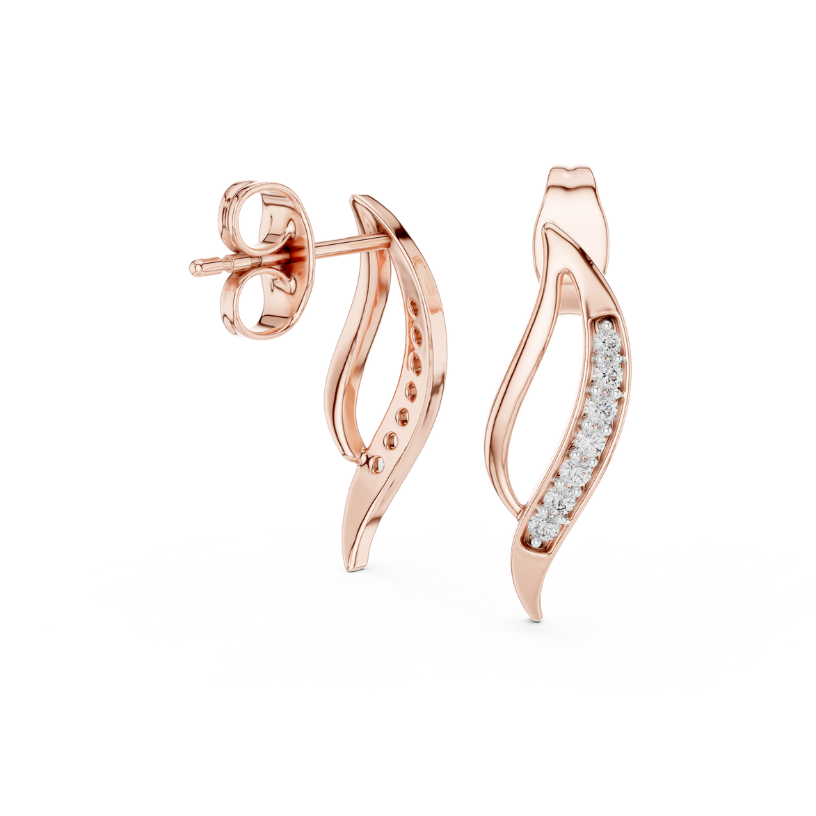 Wave diamond stud earrings in gold with round lab grown diamonds