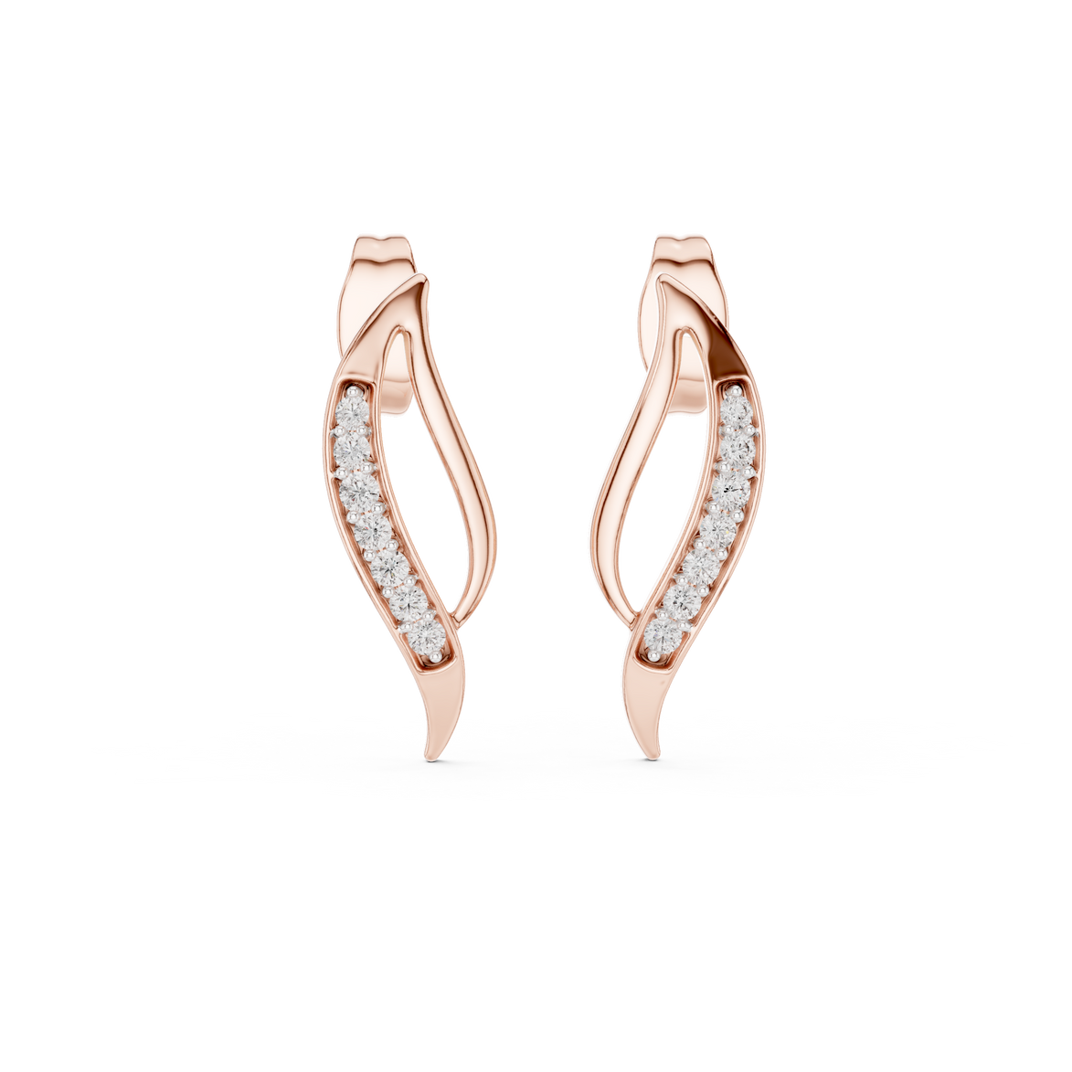 Wave diamond stud earrings in gold with round lab grown diamonds