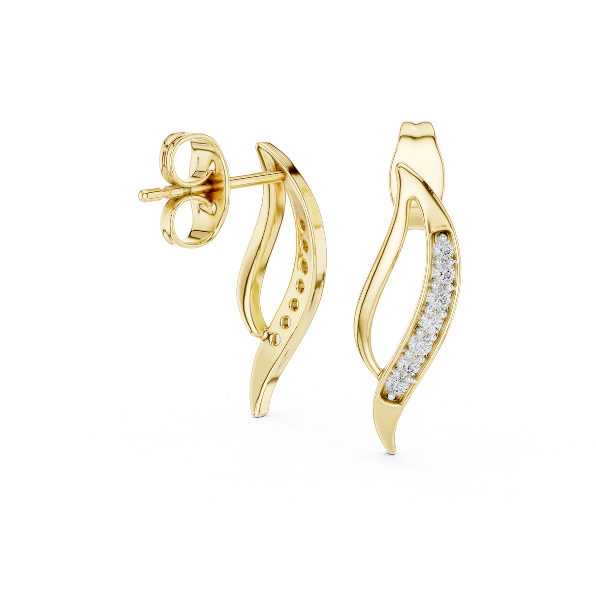 Wave diamond stud earrings in gold with round lab grown diamonds