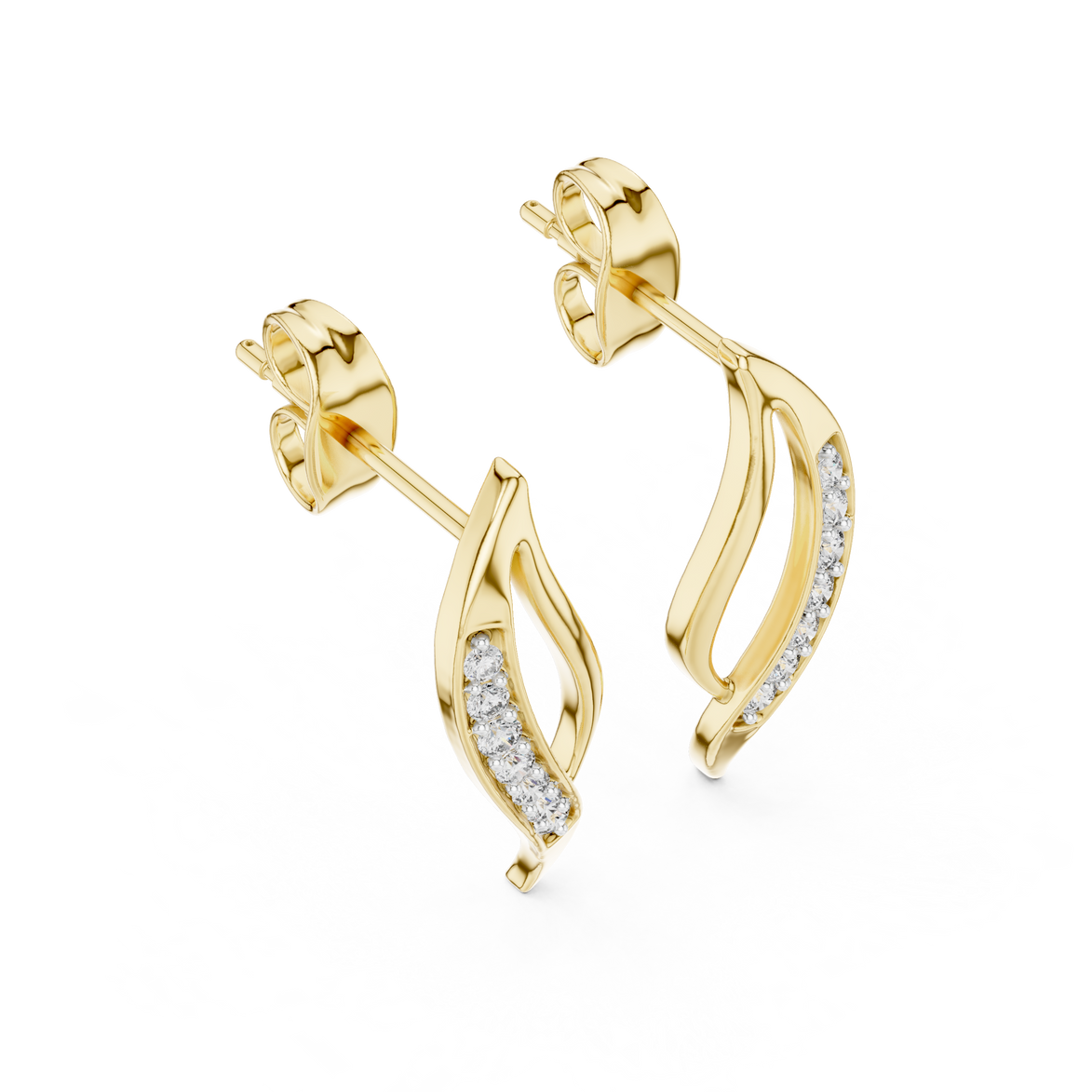 Wave diamond stud earrings in gold with round lab grown diamonds