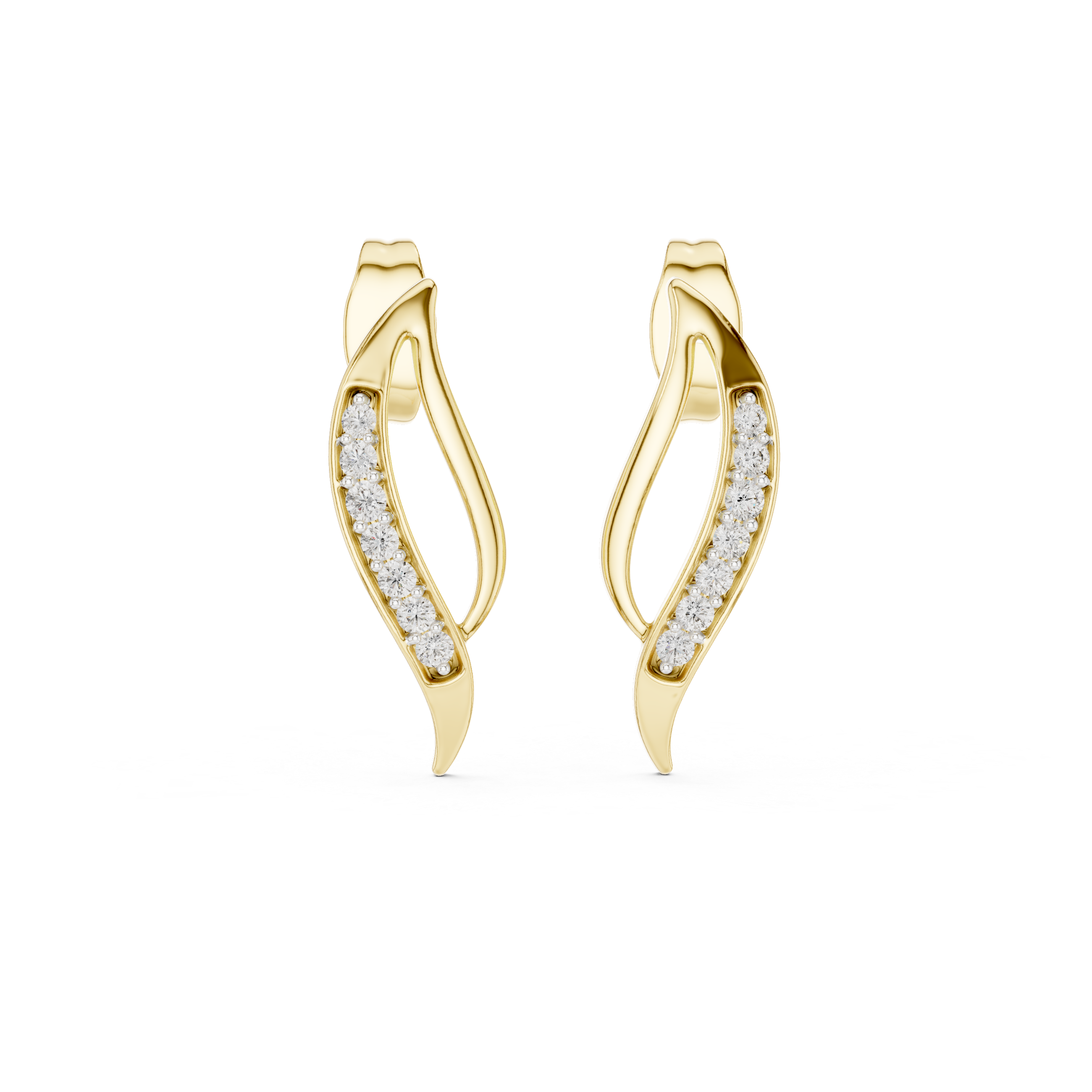 Wave diamond stud earrings in gold with round lab grown diamonds