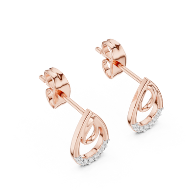 Side profile of rose gold open teardrop diamond stud earrings.