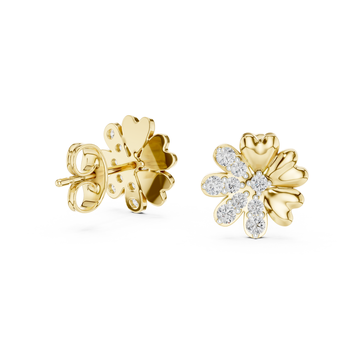 Flower diamond stud earrings in gold with round lab grown diamonds