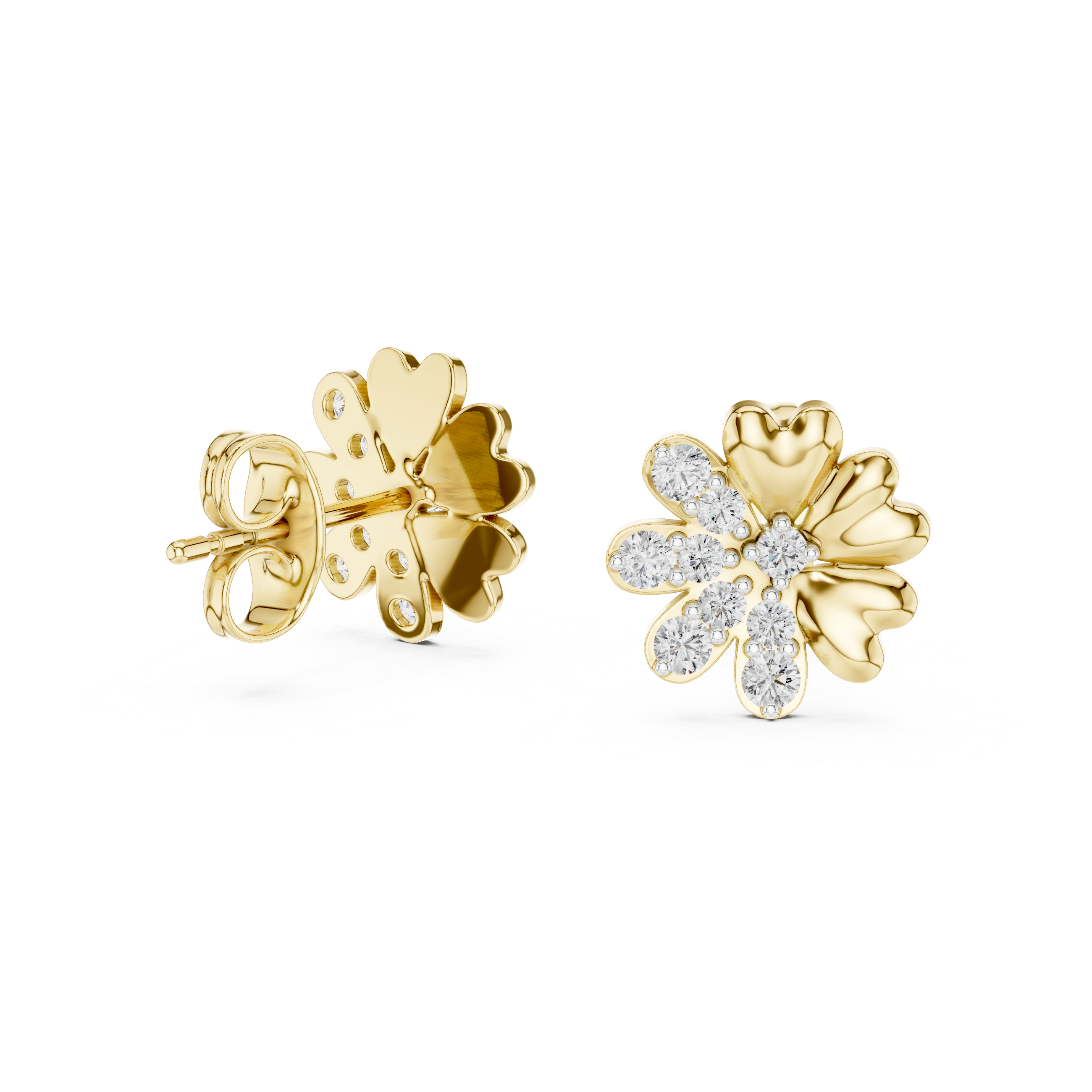 Flower diamond stud earrings in gold with round lab grown diamonds