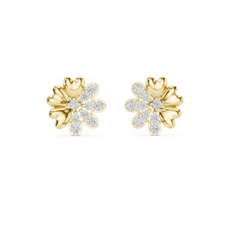Front view of Floral Elegance diamond flower stud earrings in yellow gold.