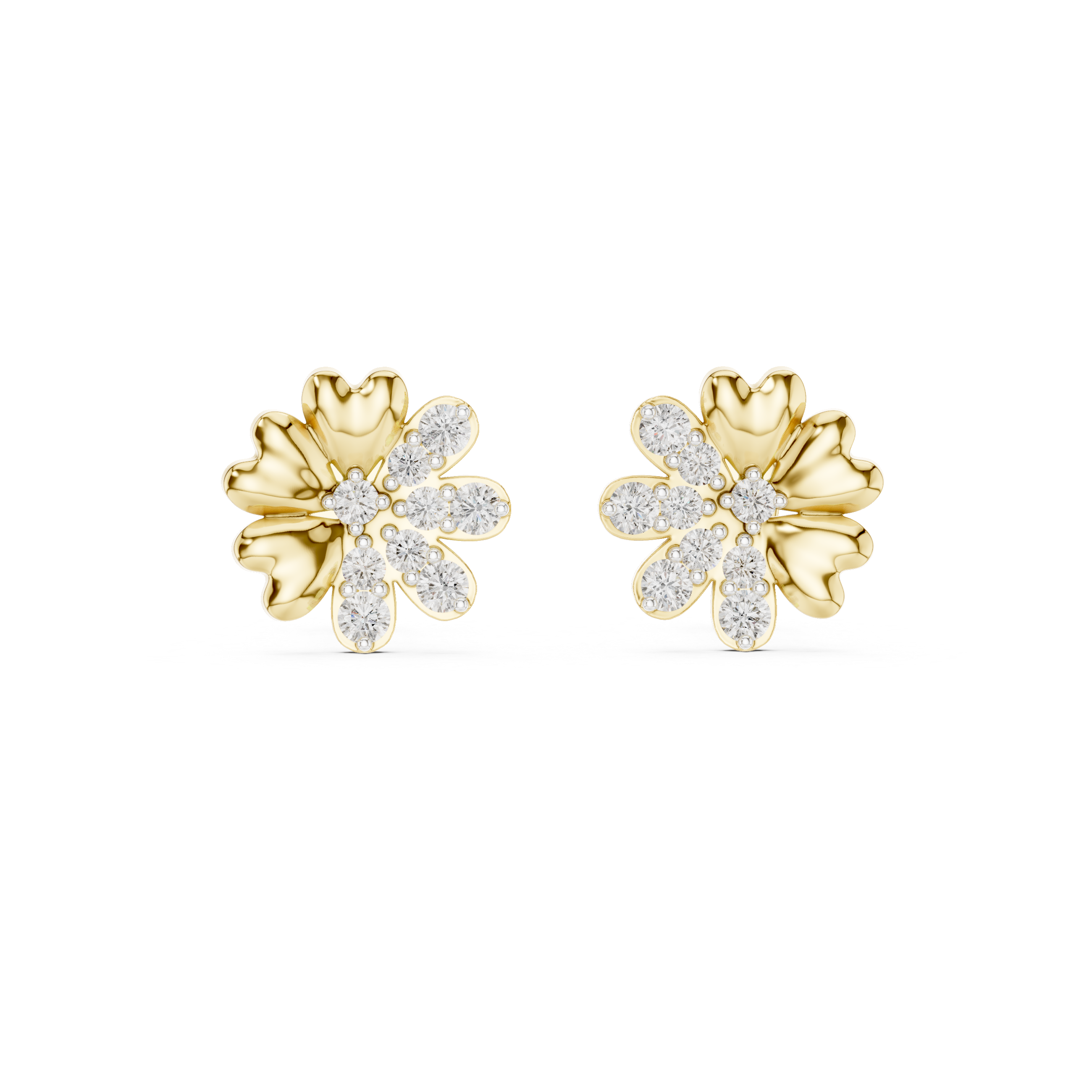 Flower diamond stud earrings in gold with round lab grown diamonds