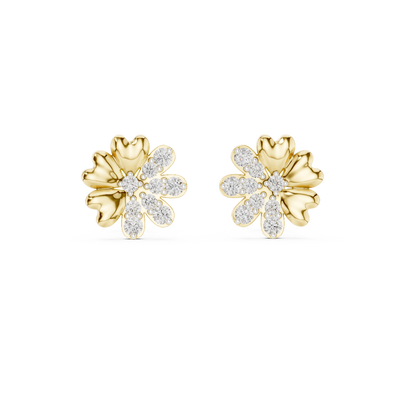 Front view of Floral Elegance diamond flower stud earrings in yellow gold.