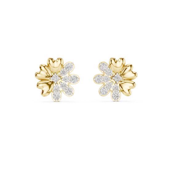 Front view of Floral Elegance diamond flower stud earrings in yellow gold.