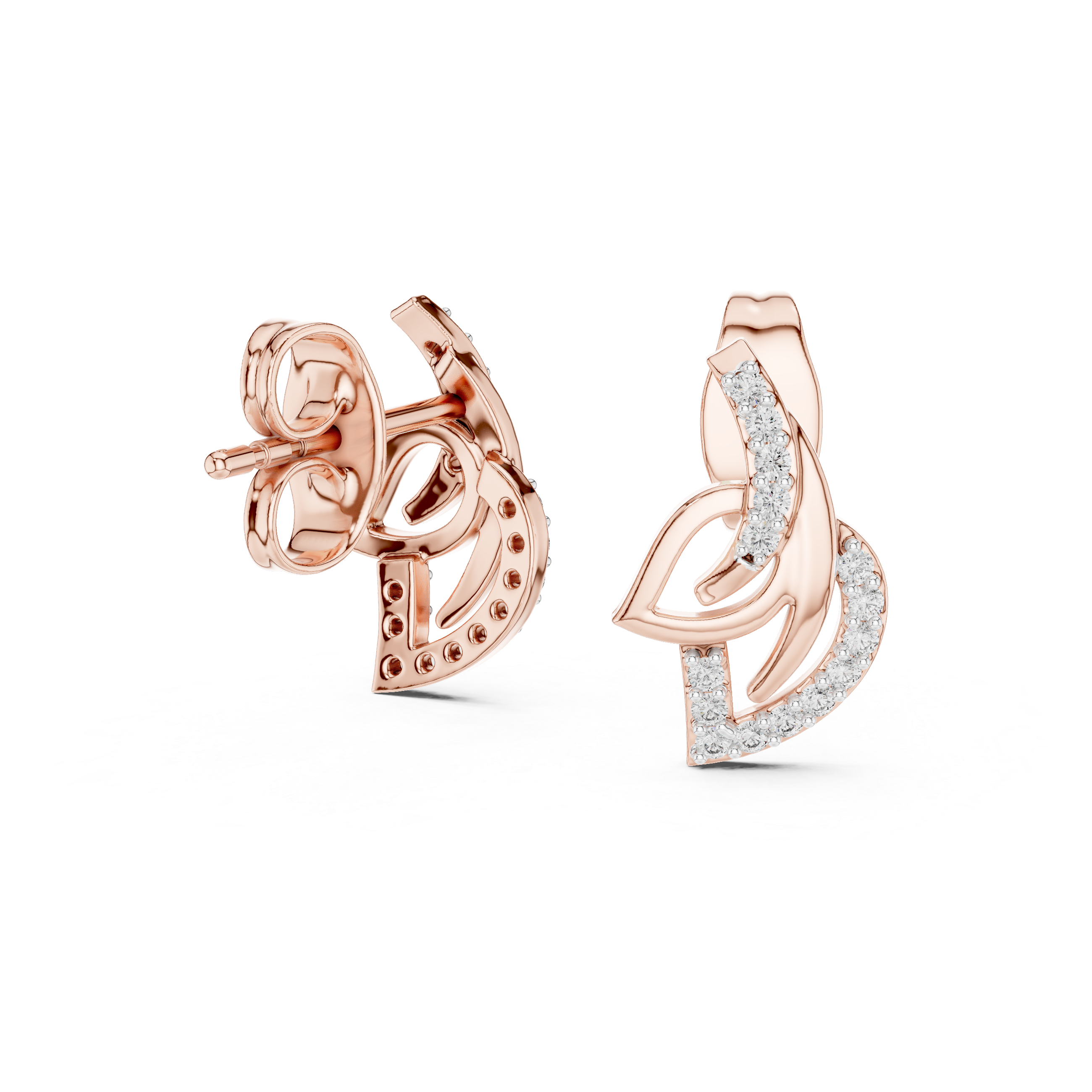 Curved diamond stud earrings in gold with round lab grown diamonds