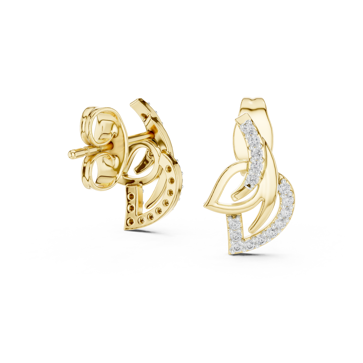 Curved diamond stud earrings in gold with round lab grown diamonds